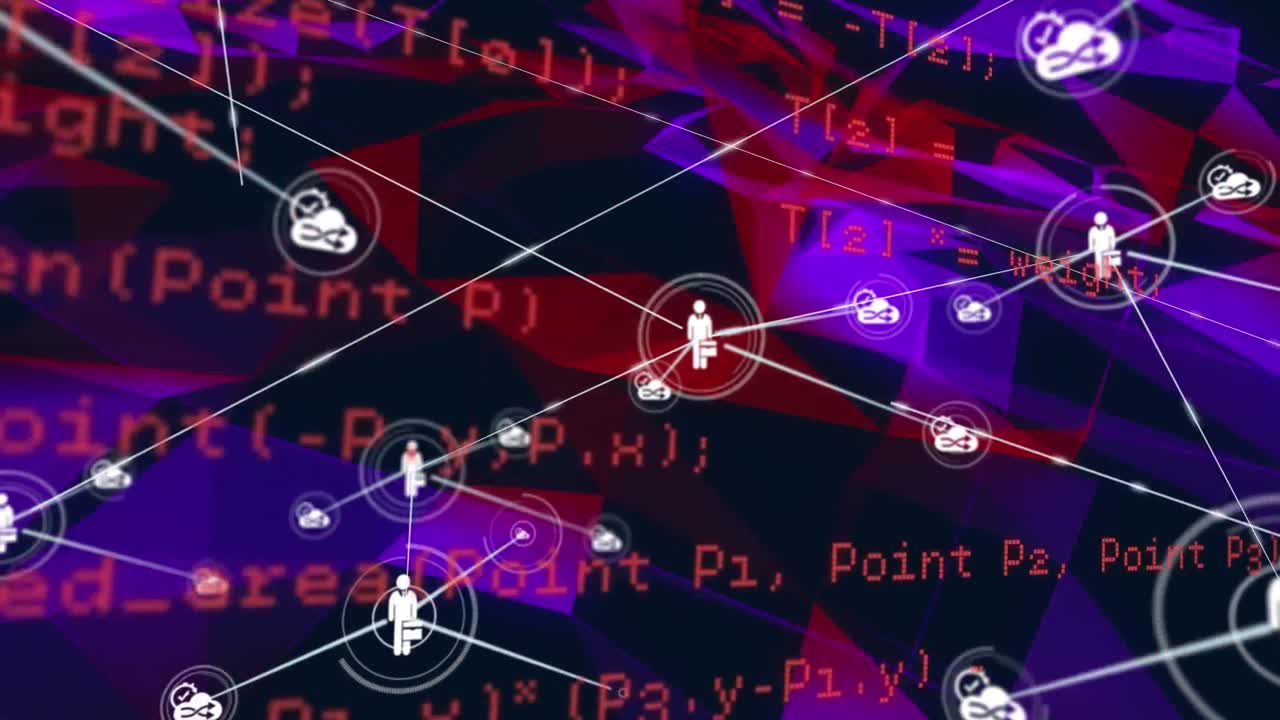 animación de una red de personas e iconos de nubes con información y formas púrpuras en negro