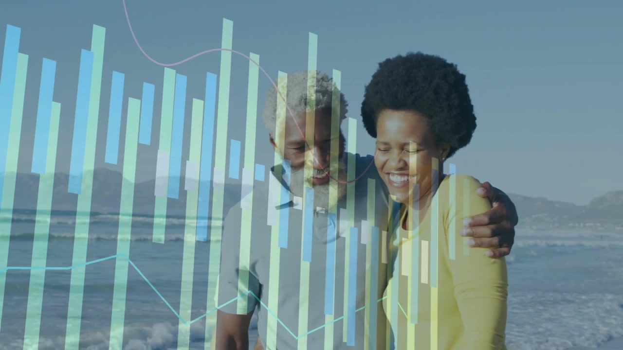Un couple marchant sur le rivage, déclenchant une superposition de graphique d'entreprise animé mettant en évidence une tendance de croissance.