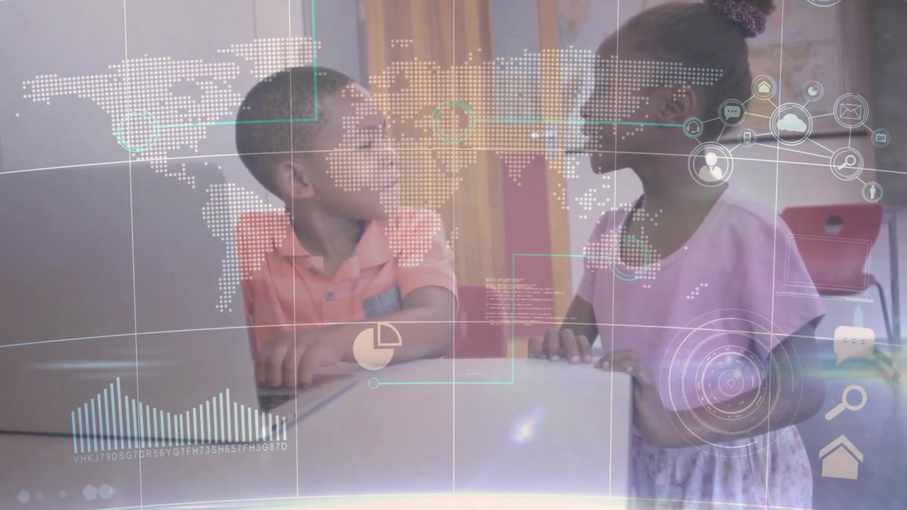 Girl raising paper and explaining lesson with laptop in school, boy listening and laughing