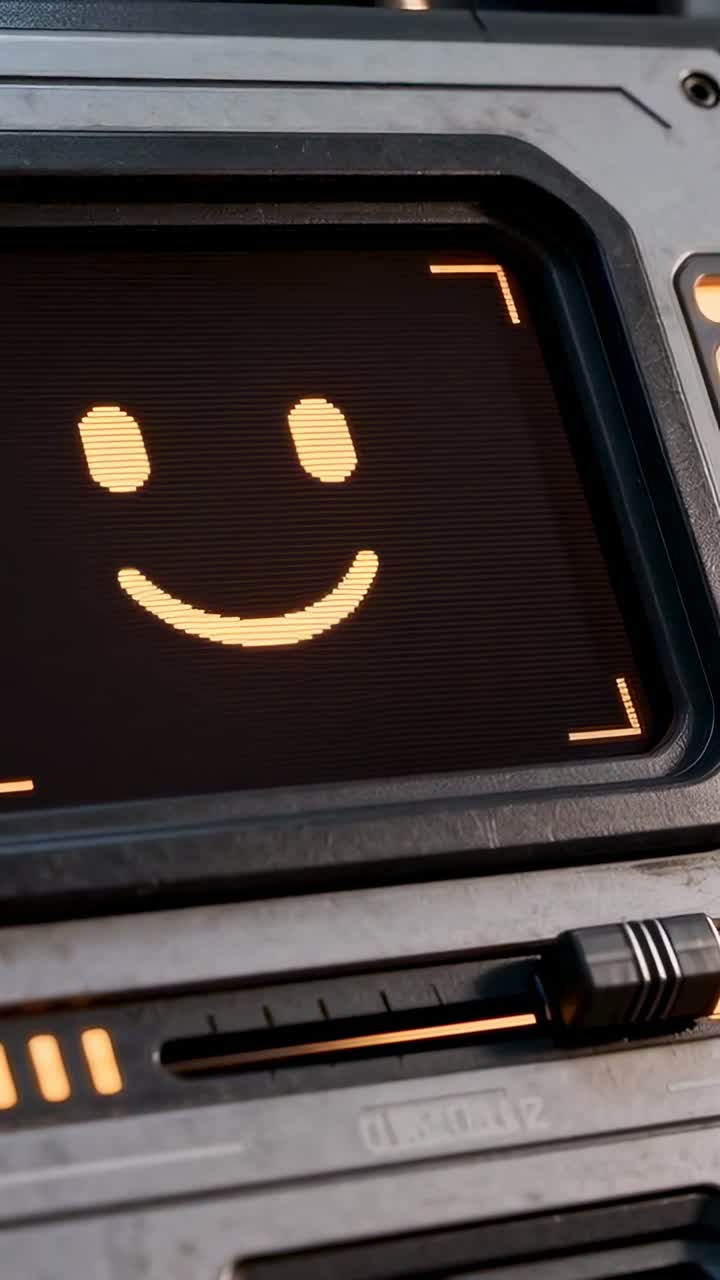 Vertikal video: Tiltande kamera som visar ett gult smiley på en panel som status, slider och lysdioder i ett labb
