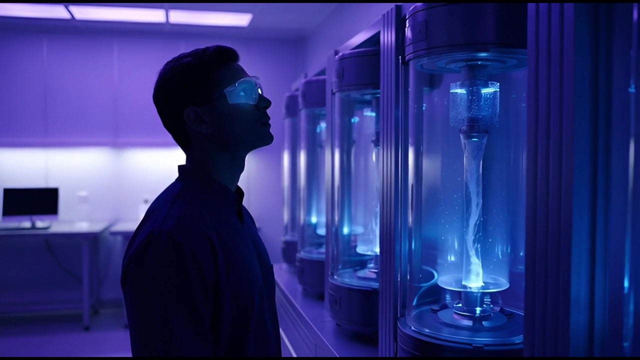 Futuristic Scientist Observing Glowing Blue Liquid in Laboratory