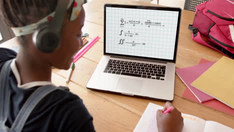 composición de una colegiala afroamericana en una computadora portátil aprendiendo en línea con texto de matemáticas