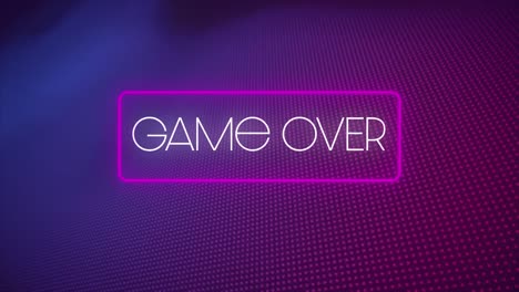 animación digital del juego sobre texto en rectángulo de neón contra múltiples puntos púrpuras sobre fondo azul