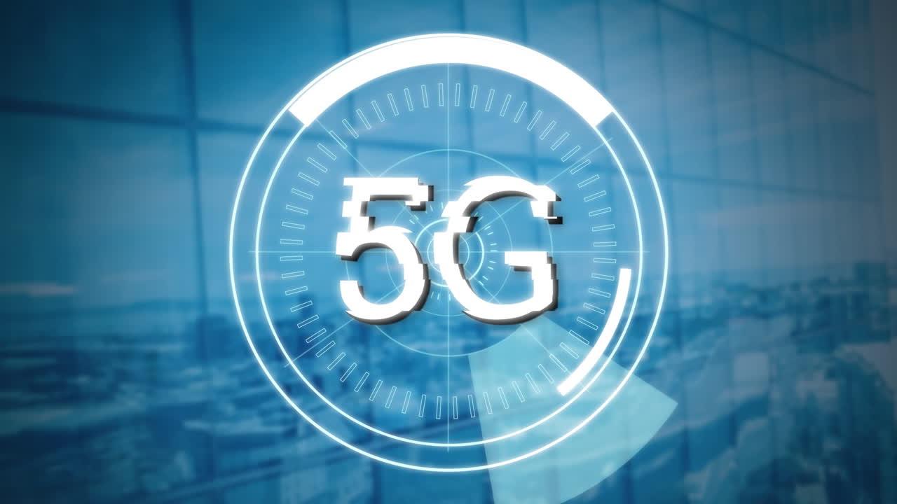 animazione di 5g scritta su cerchi bianchi in movimento