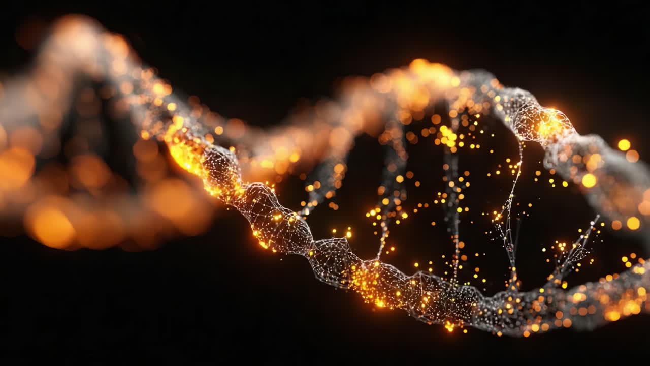 Visualizzazione intricata di una doppia elica del DNA con particelle radianti, che mostra la bellezza delle strutture genetiche in un ambiente straordinariamente illuminato