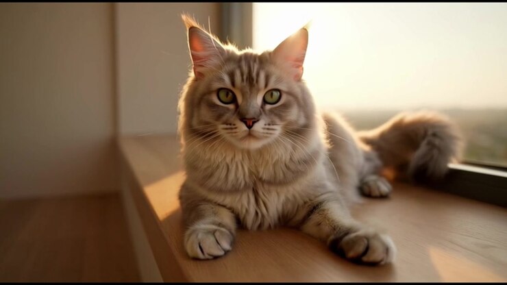 Fluffy Maine Coon Cat Resting on a Sunny Window Sill