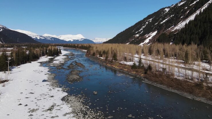 Drone 4K che vola sopra un torrente con neve a terra, circondato da alberi e montagne.