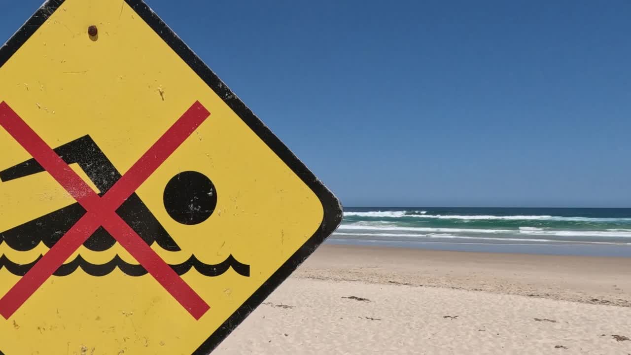 Close-up of a yellow warning sign prohibiting swimming on a sunny beach with clear skies.