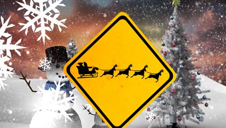 Animation-of-sign-with-santa-claus-in-sleigh-with-reindeer-over-winter-scenery