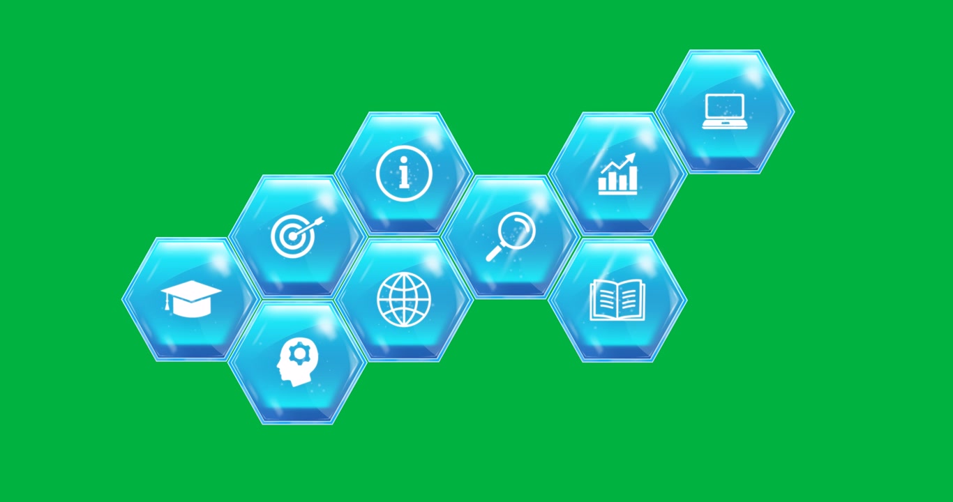 Animation of blue hexagons with icons on transparent background