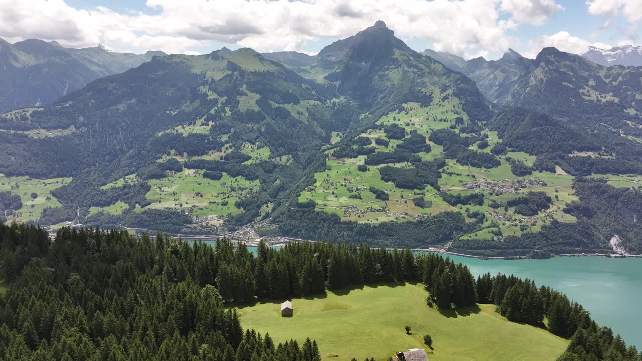 Revealing aerial view of Lake Walensee, Switzerland, with alpine meadows, dense forests, and majestic mountain peaks under a bright summer sky