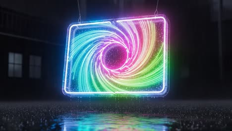 a vibrant neon spiral in the rain: a colorful display of light and motion captured in an urban environment, enhanced by rainfall and reflection effects