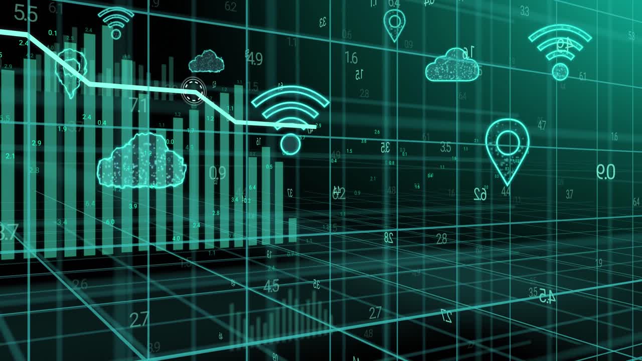 animación de iconos digitales y procesamiento de datos.