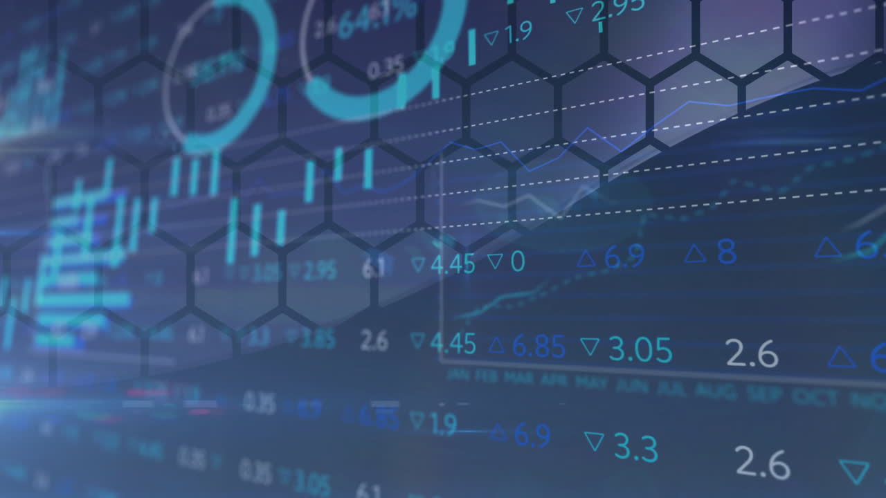 Stock market data and financial graphs animation over hexagonal patterns