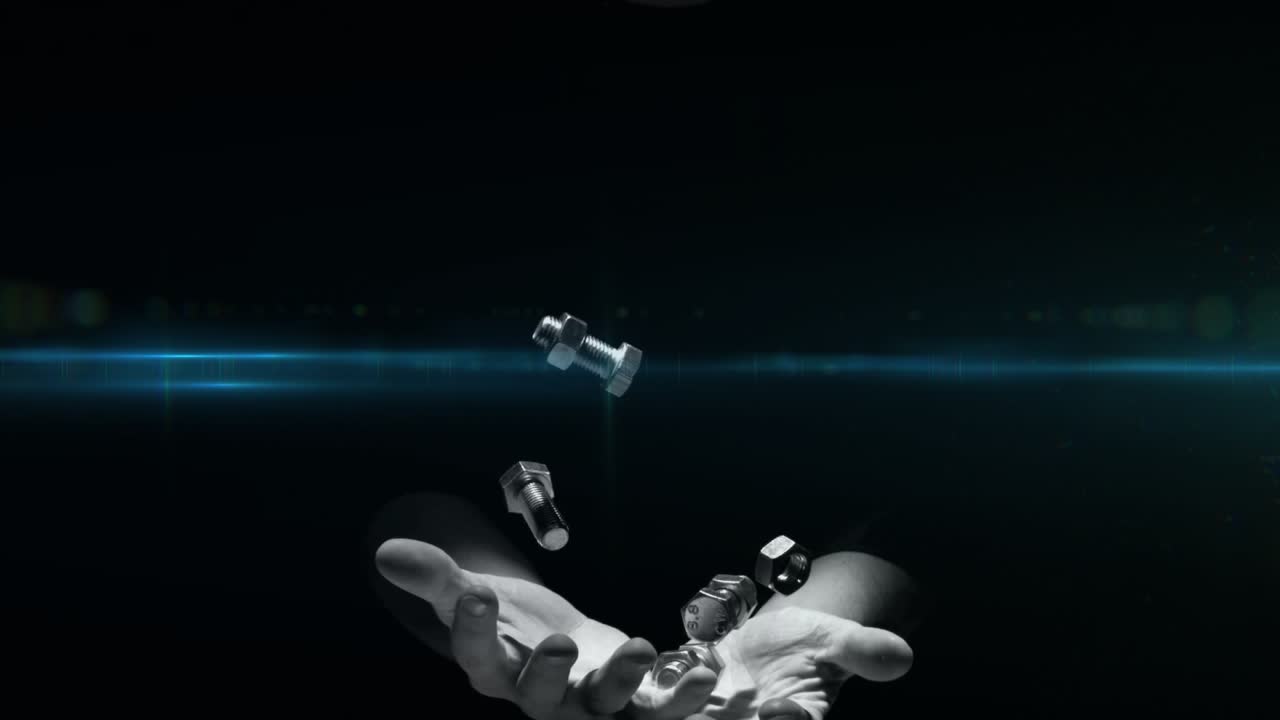 Metal fasteners levitating after teal pulse, hands opening and catching hardware showing levitation