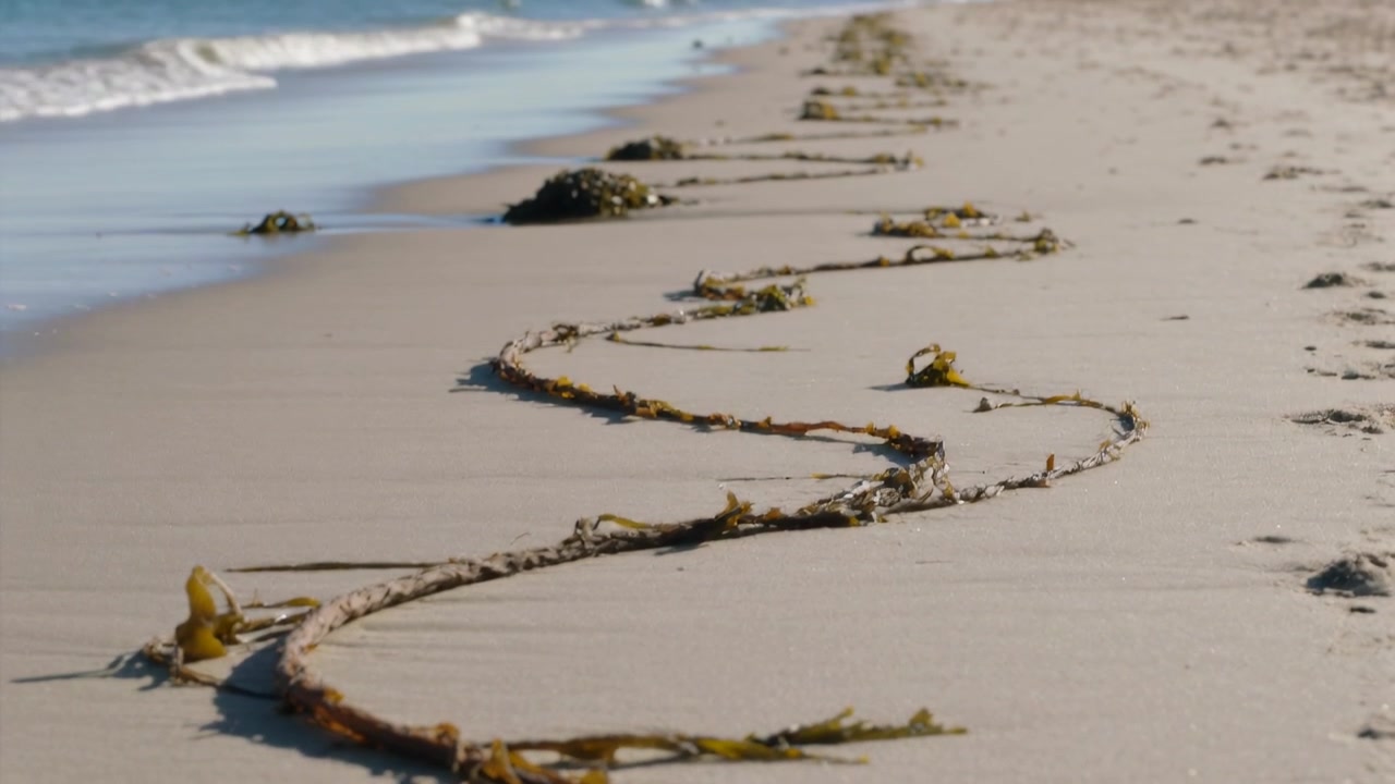 Pulling back, camera revealing long curving kelp lying on wet sand at shoreline, showing footprints