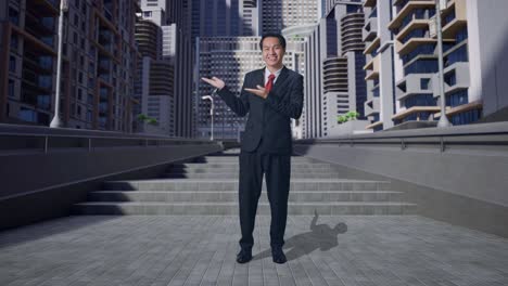 hombre de negocios presentando frente a edificios modernos