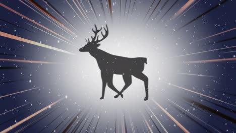 digital animation of snow falling over black silhouette of reindeer running against light trails