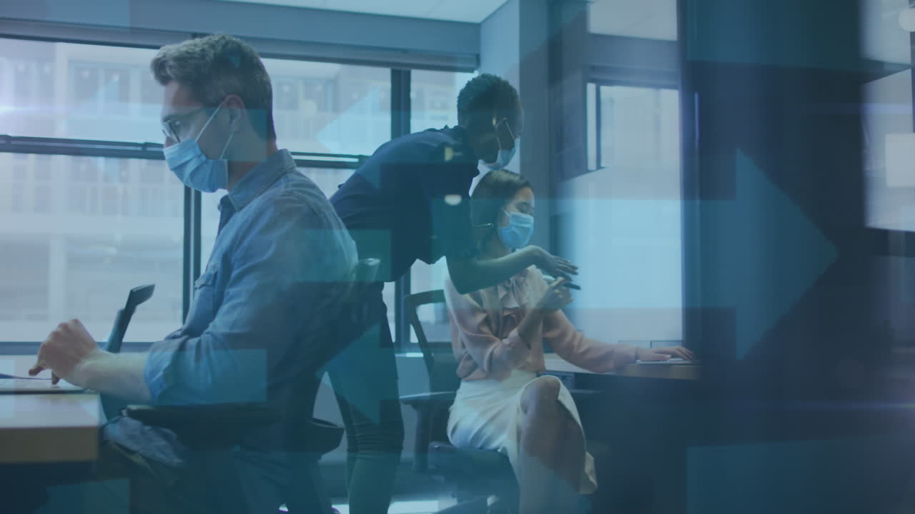 Animation of data processing over diverse business people with face masks using laptops
