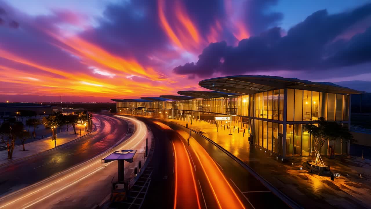 A Stunning Evening at the Airport Terminal: Vibrant Sunset Skies Paint a Brilliant Canvas Over the Modern Architecture, Illuminating the Road with Orange and Purple Hues