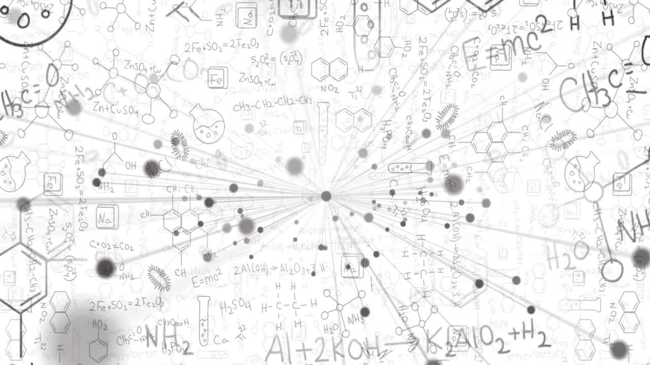 Animation of web of connections over mathematical equations and chemical icons on white background