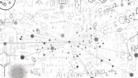 animación de una red de conexiones sobre ecuaciones matemáticas e iconos químicos sobre un fondo blanco