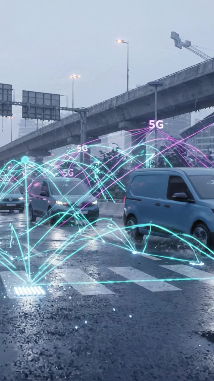 Incrocio cittadino futuristico con veicoli autonomi e connettività 5G in un ambiente urbano piovoso che mostra l'integrazione della tecnologia intelligente e l'innovazione digitale