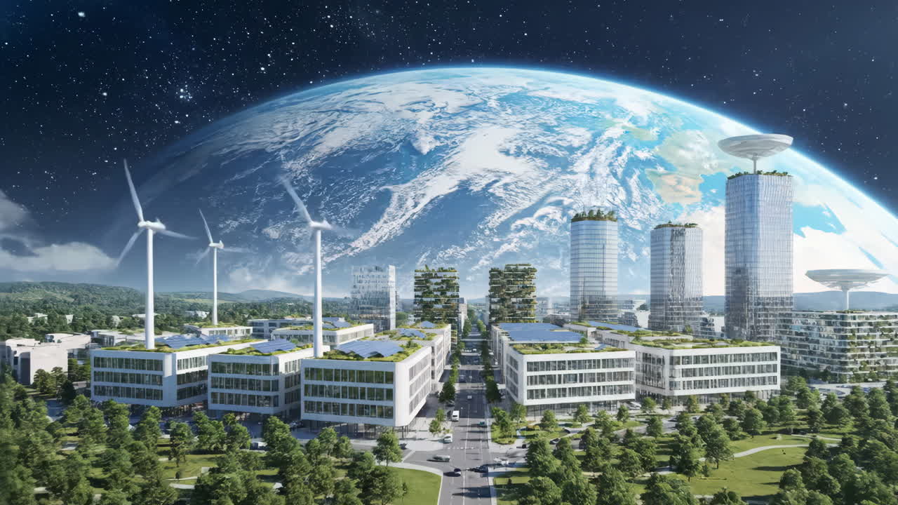 A futuristic and sustainable city powered by renewable energy with Earth in the background