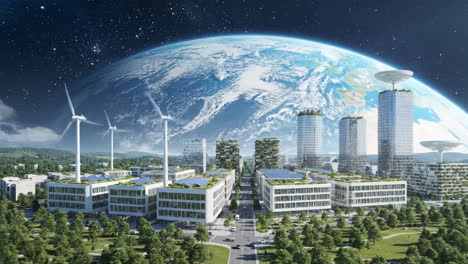 a futuristic and sustainable city powered by renewable energy with earth in the background