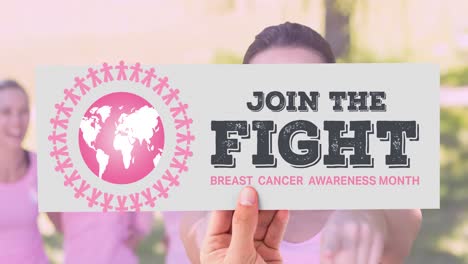 Animation-of-pink-globe-logo-with-breast-cancer-text-over-diverse-group-of-smiling-women