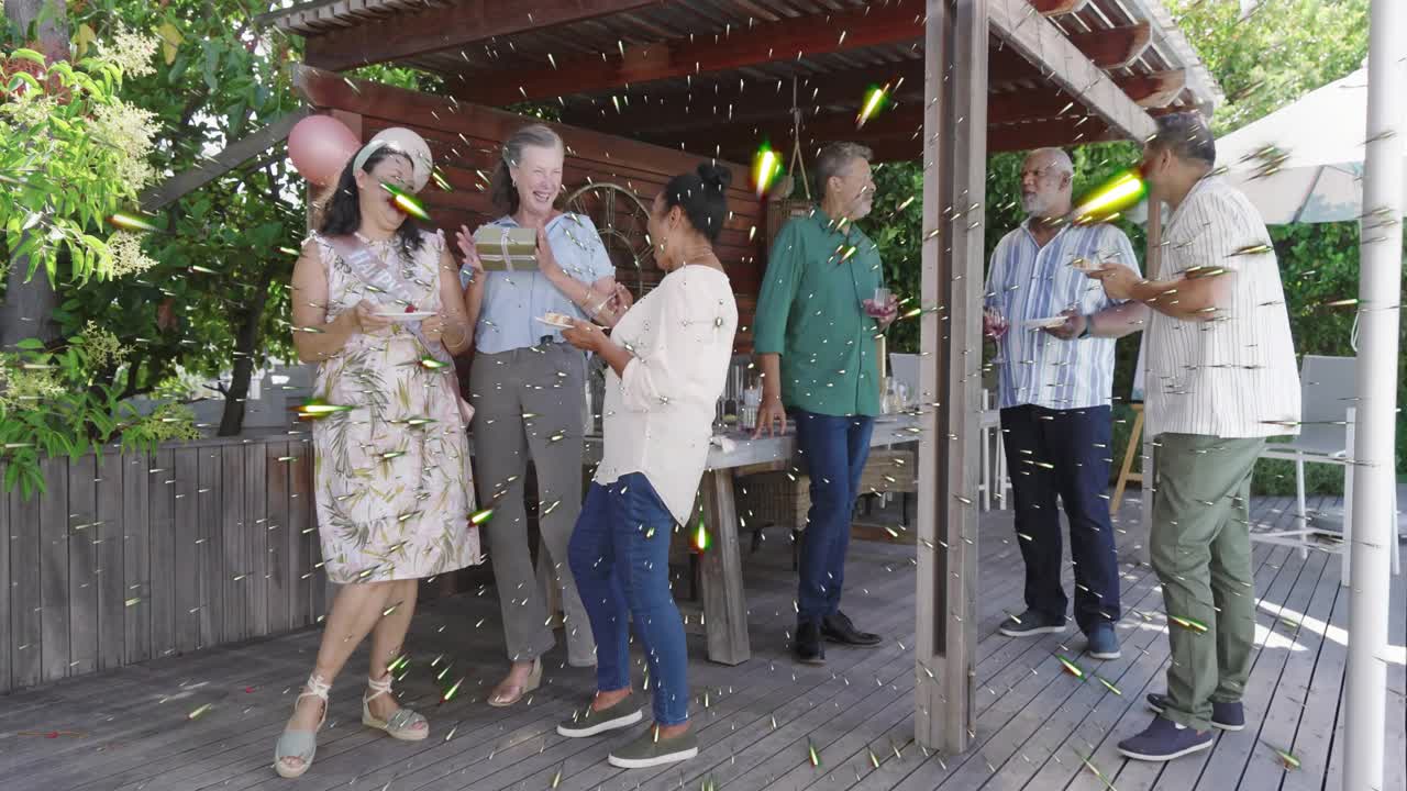 Six guests swapping box, tasting dessert at party on deck, opening box sending confetti marketing