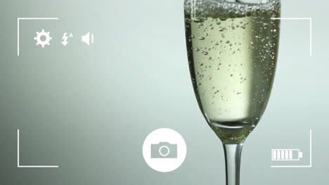 camera interface animation over close-up of champagne glass with bubbles