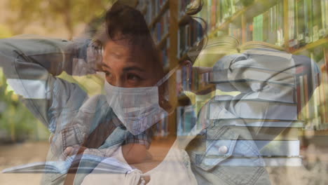 mujer con máscara facial contra mujer leyendo un libro en una biblioteca