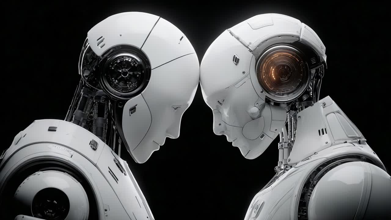 A Close Encounter of Advanced Robotics: Two Futuristic Androids Displaying Emotions Through Their Interconnected Design and Luminescent Features in a Captivating Visual
