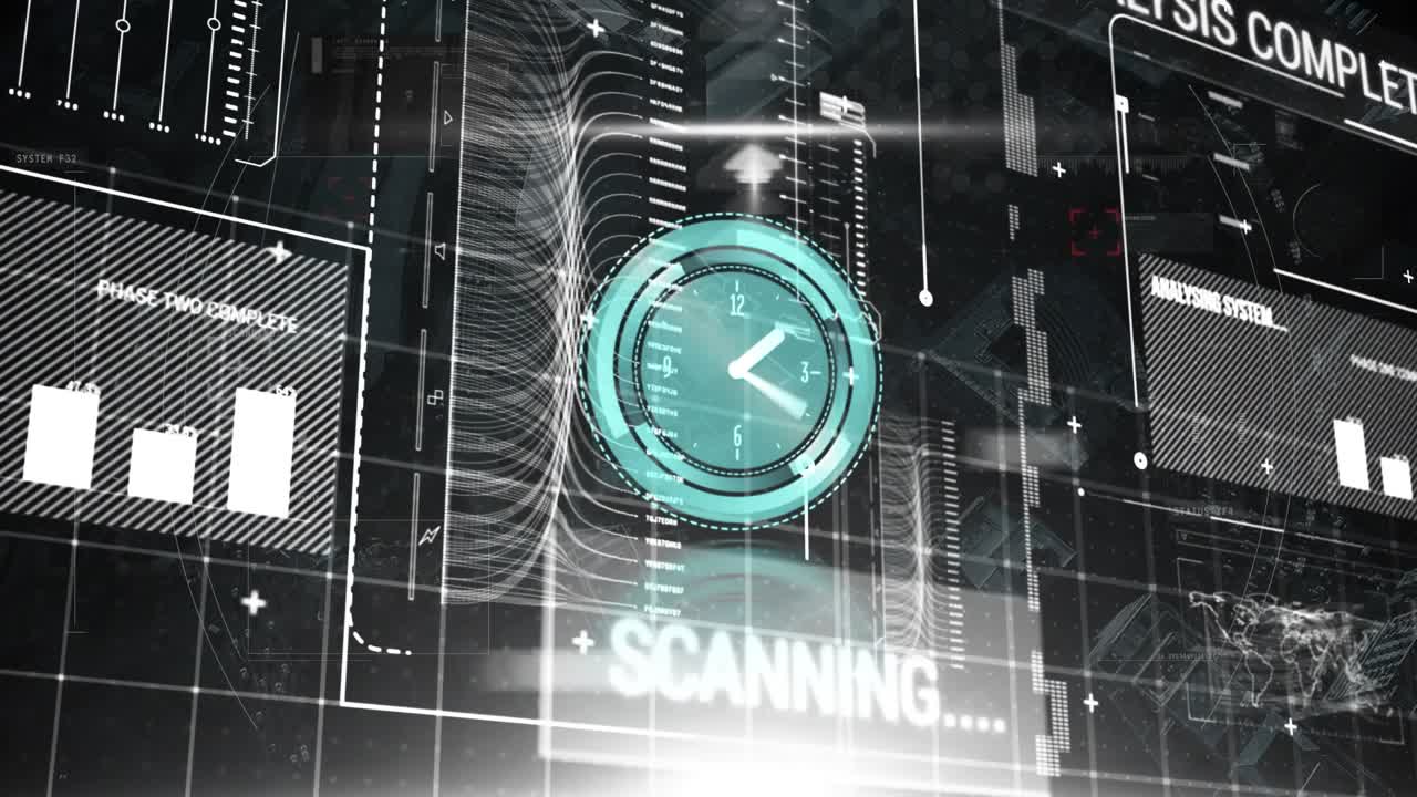 Neon ticking clock against digital interface with data processing on black background