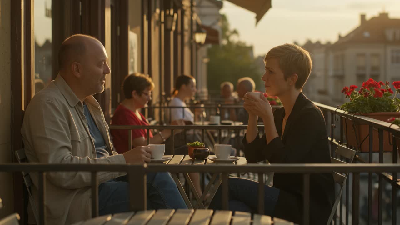 Couple enjoys coffee on a city balcony cafe during golden hour