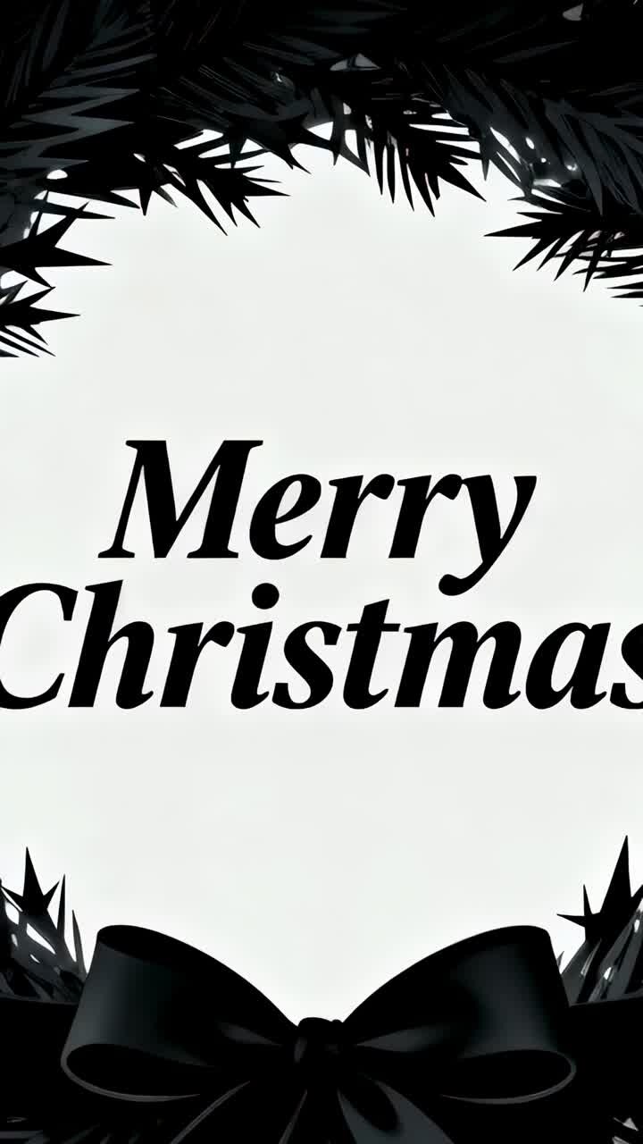 Vertical video: Animating black wreath and bow pulsing, swaying on portrait showing Merry Christmas