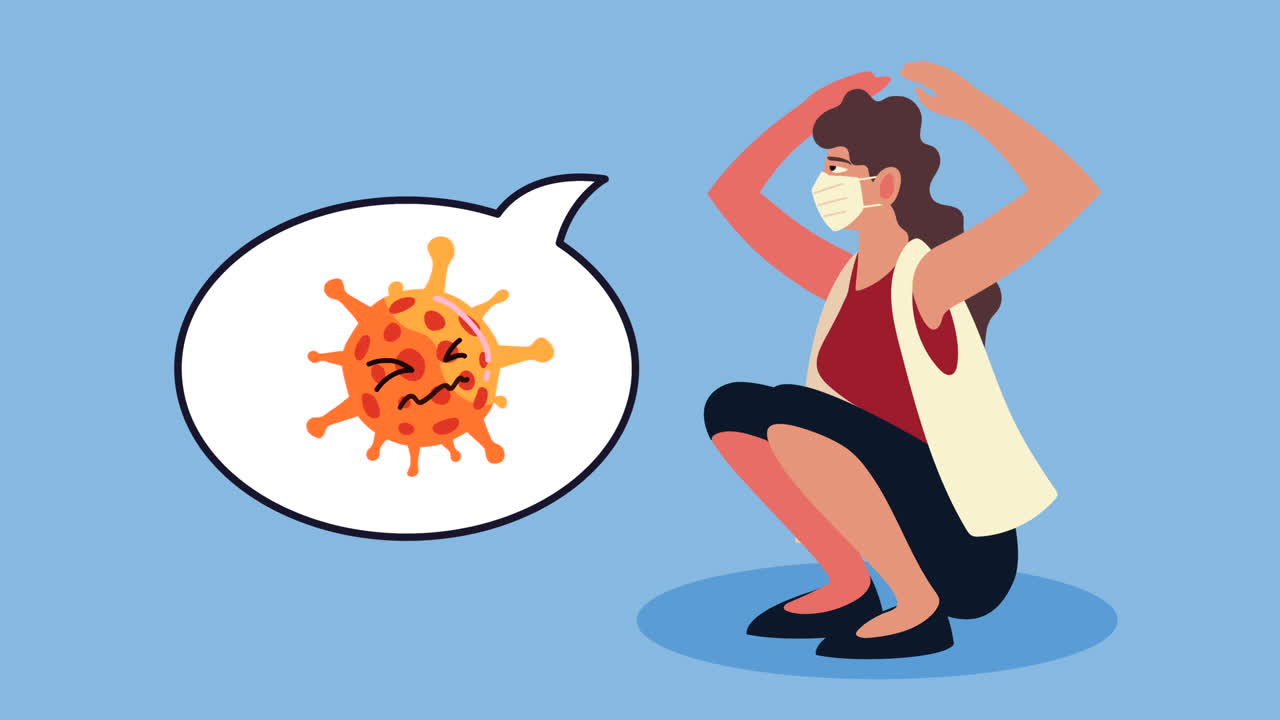 의료 마스크를 착용 한 사업가 여성과 covid-19 입자가 연설 거품에 있습니다.