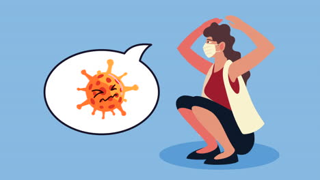 businesswoman wearing medical mask and covid19 particle in speech bubble