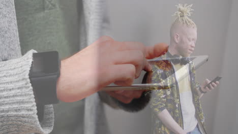 using tablet with animation overlay, person and man checking phone in school