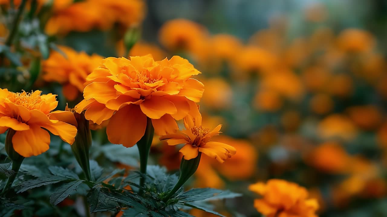 Uno spettacolo vibrante di fiori di calendula dorati in piena fioritura, che mostrano i loro ricchi petali arancioni su uno sfondo verde lussureggiante per una scena naturale mozzafiato.