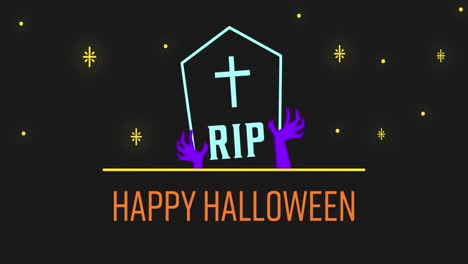 Happy-Halloween-text-and-tombstone-against-stars-on-black-background