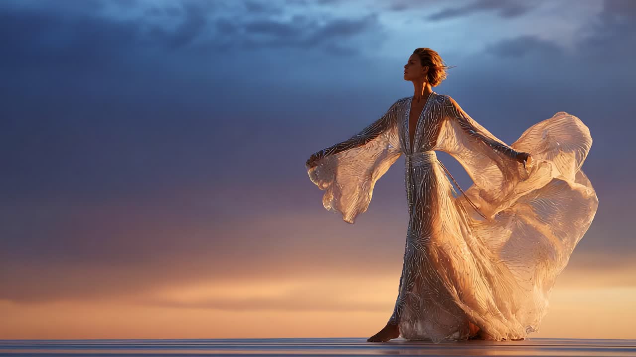 A graceful figure draped in a flowing, ethereal gown stands against a stunning sunset backdrop, embodying elegance and freedom in a serene moment of beauty