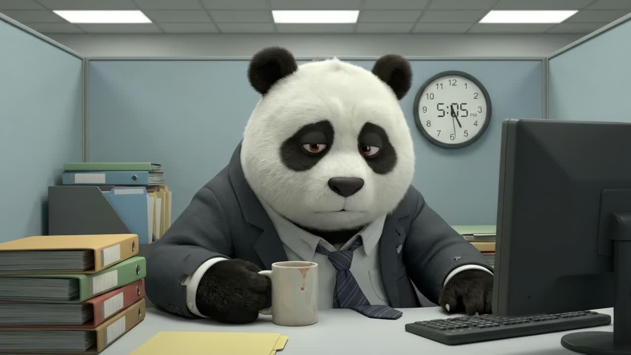 Panda stanca in giacca che sbadiglia alla scrivania in ufficio dopo una lunga giornata