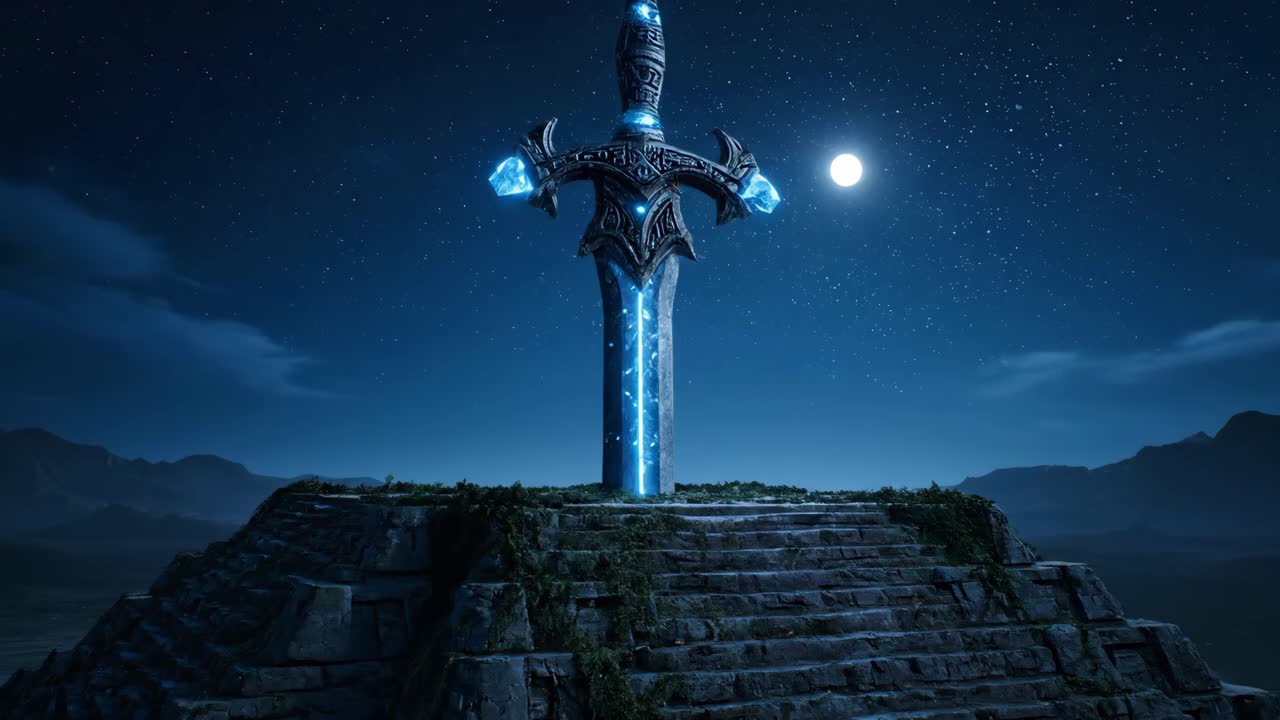 Fantasy scene with glowing symbols and a sword