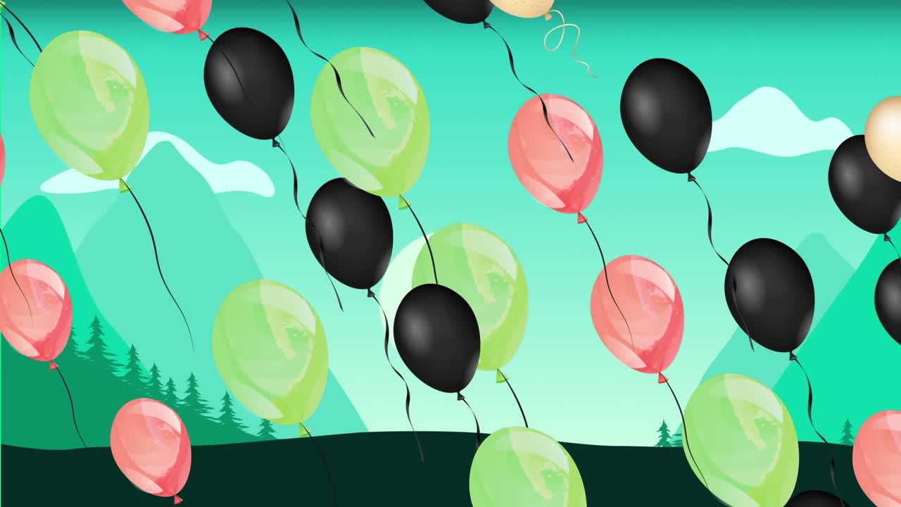Animazione di palloncini colorati che volano su un paesaggio verde.
