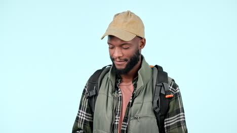 hiking, phone call or black man with a smile
