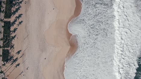 Aerial-top-down-descend-showing-large-waves-coming-in-on-Ipanema-beach-with-shadow-play-of-palm-trees-along-the-boulevard,-a-few-people-passing-by-and-line-streaks-and-patterns-of-vehicles-in-the-sand