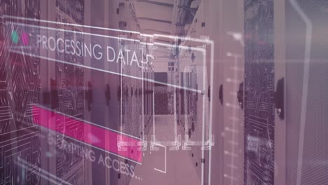 animación del procesamiento de datos y formas sobre la sala del servidor