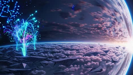 futuristic fireworks display above floating islands